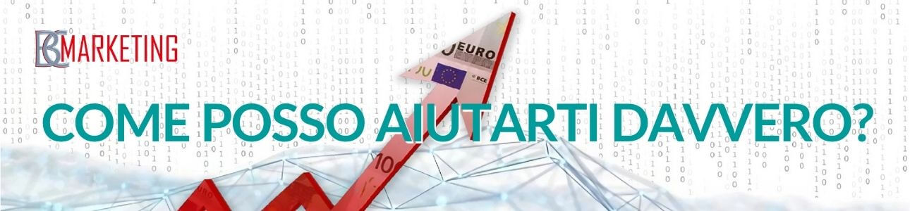 Banner strategia marketing BC Marketing: mostra freccia rossa in crescita con banconote euro su sfondo con codice binario, rappresenta consulenza per professionisti su posizionamento online, crescita digitale, strategie per attrarre clienti giusti, risultati economici misurabili